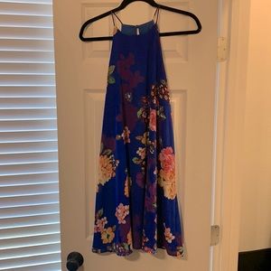 Blue Floral Halter Neck Dress